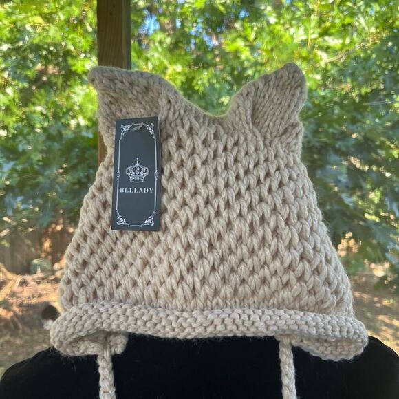 Bellady Women's Beige Cat Ears Knit Hat Crocheted Braided Pom Pom Accents. NEW - Picture 4 of 9